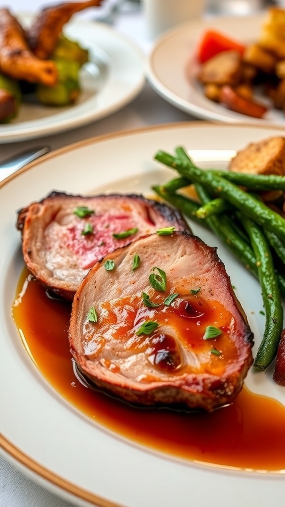 Pan-seared duck breast with crispy skin, garnished with herbs, served with sauce and roasted vegetables.